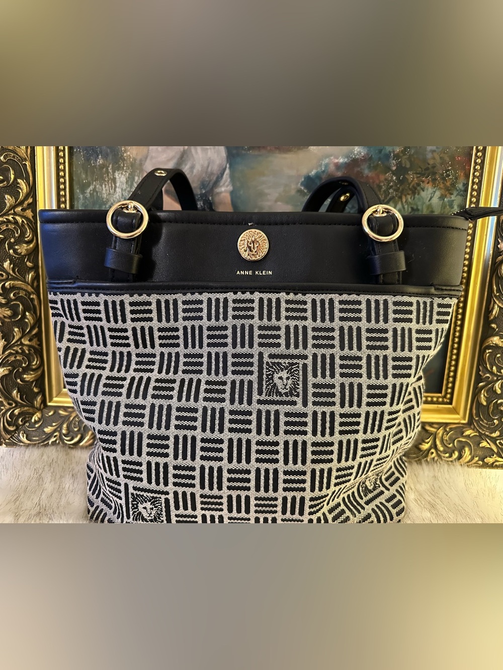 Anne Klein Black and White Geometric Logo Tote with Gold Accents